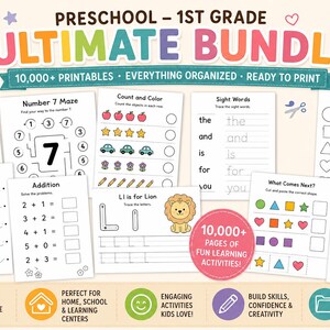 Puede incluir: Un colorido paquete educativo para preescolar y 1er grado. La imagen muestra varias hojas de trabajo imprimibles con actividades como trazar letras, contar, palabras de uso frecuente y laberintos. El paquete incluye m&aacute;s de 10.000 p&aacute;ginas de divertidas actividades de aprendizaje.