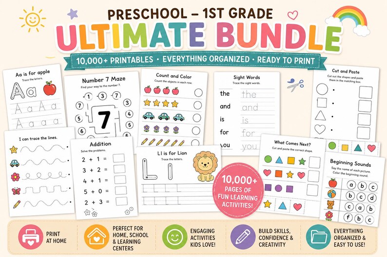 Puede incluir: Un colorido paquete educativo para preescolar y 1er grado. La imagen muestra varias hojas de trabajo imprimibles con actividades como trazar letras, contar, palabras de uso frecuente y laberintos. El paquete incluye m&aacute;s de 10.000 p&aacute;ginas de divertidas actividades de aprendizaje.