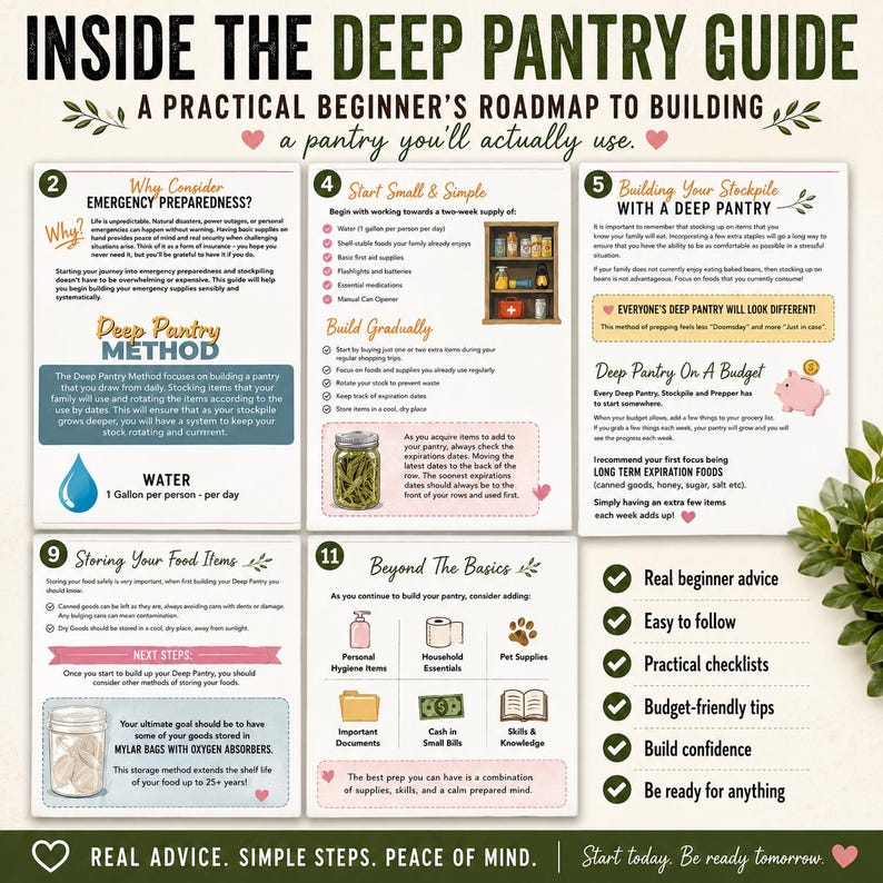May include: An informational guide titled Inside The Deep Pantry Guide, featuring a practical roadmap for emergency preparedness. The document includes numbered sections, illustrations of pantry items, water, and jars, with text detailing food storage.