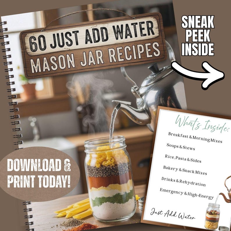 Just Add Water Mason Jar Recipes, Pantry Food Storage Recipe Book, Emergency Meals, Camping & Prepper Food, Printable PDF