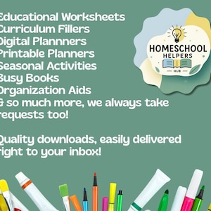 Puede incluir: Fondo verde con texto que enumera recursos educativos: hojas de trabajo, rellenos curriculares, planificadores digitales, planificadores imprimibles, actividades de temporada, libros de trabajo y ayudas de organizaci&oacute;n. La imagen tambi&eacute;n incluye el texto "Homeschool Helpers Hub" y "Descargas de calidad".