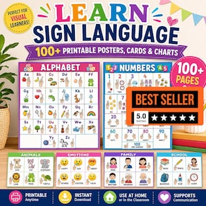 Learning ASL Bundle, 100 Printable Posters & Cards for Kids and Beginners