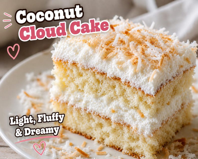 Puede incluir: Una porci&oacute;n cuadrada de Coconut Cloud Cake con dos capas de bizcocho amarillo, glaseado blanco y coco tostado por encima. El texto Coconut Cloud Cake y Light, Fluffy & Dreamy es visible junto con gr&aacute;ficos de corazones y l&iacute;neas rosas.