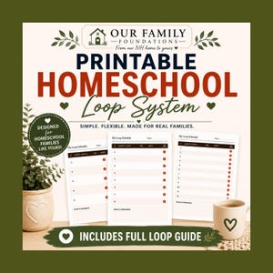 May include: A printable homeschool loop system document set featuring three white schedule sheets with dark text and red accents. The text reads Our Family Foundations, Printable Homeschool Loop System, Simple. Flexible. Made for real families.