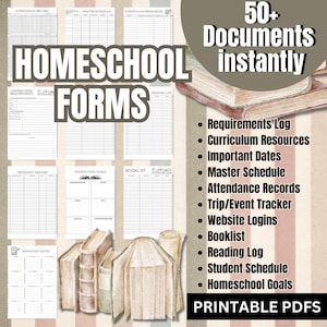 Sistema de manutenção de registros de educação domiciliar, planejador de currículo, pacote em PDF para impressão, mais de 50 formulários, pacote de gráficos de cronograma de gerenciamento de recursos para mães que educam em casa