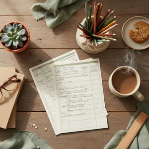 May include: A still-life composition featuring a succulent in a terracotta pot, a cup of coffee, and a partially eaten cookie on a plate. Colored pencils sit in a small, beige fabric container, and a to-do list is visible.