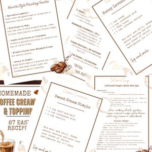 May include: A collection of recipes for homemade coffee cream and toppings, including barista-style finishing touches, sweet cream, and infused sugar recipes. The pages are white with brown text and coffee bean illustrations.