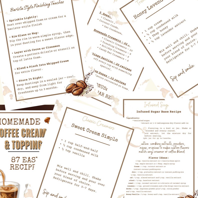 May include: A collection of recipes for homemade coffee cream and toppings, including barista-style finishing touches, sweet cream, and infused sugar recipes. The pages are white with brown text and coffee bean illustrations.