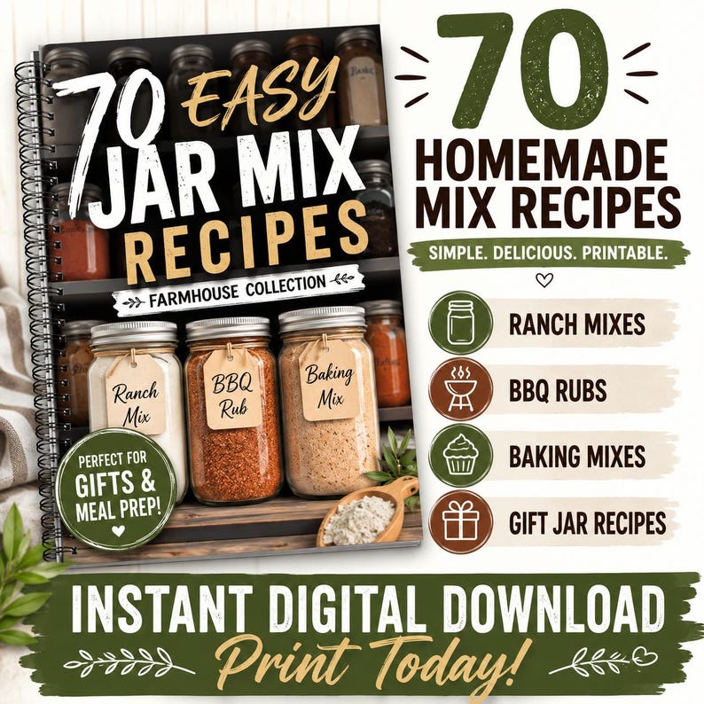 May include: A spiral-bound cookbook titled "70 Easy Jar Mix Recipes" with a farmhouse theme. The cover features jars labeled "Ranch Mix," "BBQ Rub," and "Baking Mix." The image also includes text that reads "Instant Digital Download Print Today!"