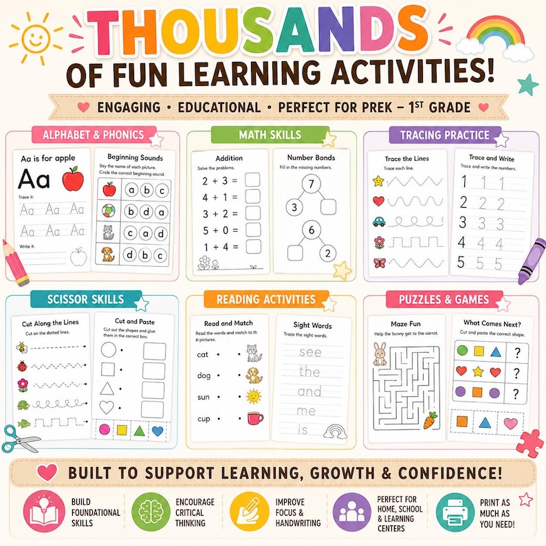 Puede incluir: Una colorida hoja de actividades educativas para preescolar a 1er grado. Presenta ejercicios de alfabeto, matem&aacute;ticas, trazo, tijeras y lectura. La hoja incluye el texto "THOUSANDS OF FUN LEARNING ACTIVITIES!"