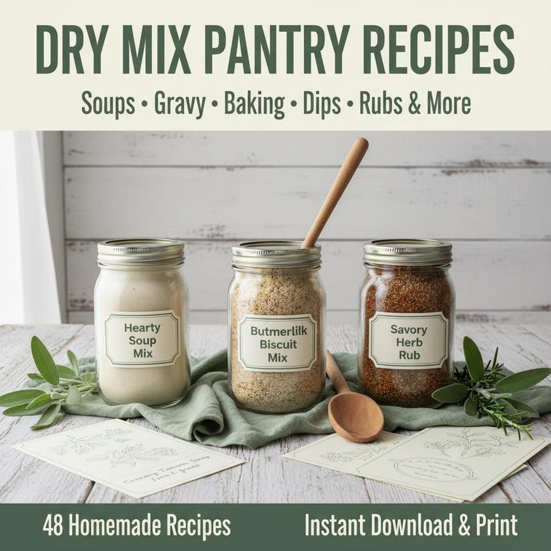 K&ouml;nnte beinhalten: Drei Gl&auml;ser mit Trockenmischungen zum Kochen. Die Gl&auml;ser sind mit "Hearty Soup Mix", "Butmerlilk Biscuit Mix" und "Savory Herb Rub" beschriftet. Der Text "DRY MIX PANTRY RECIPES" steht oben, mit "48 Homemade Recipes" und "Instant Download & Print" unten.