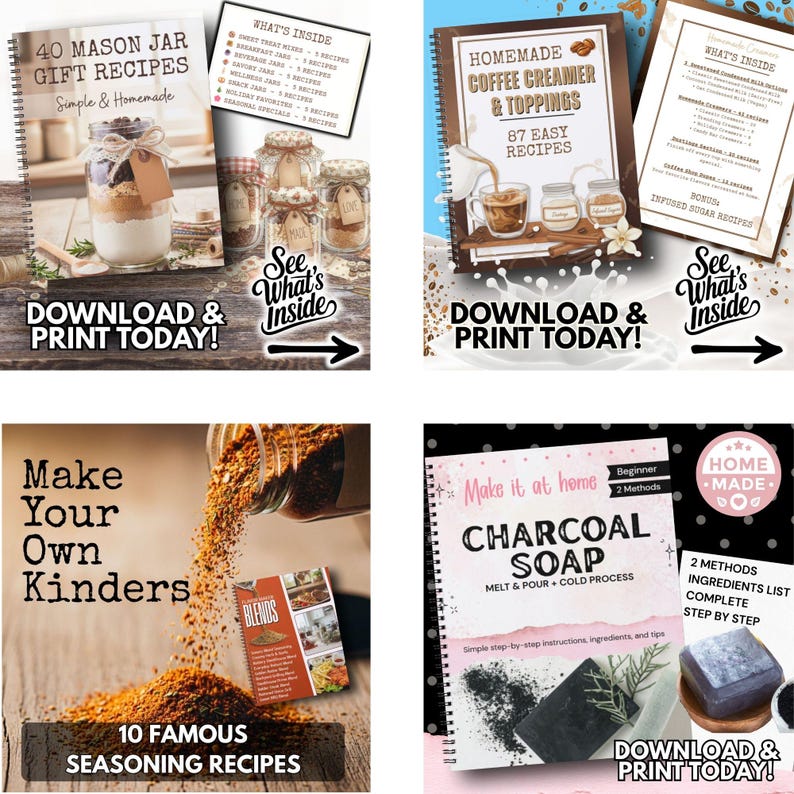 May include: A collection of four digital recipe guides featuring 40 Mason Jar Gift Recipes, 87 Homemade Coffee Creamer & Toppings recipes, 10 Famous Seasoning Recipes, and a Charcoal Soap Melt & Pour plus Cold Process guide with step-by-step instructions.