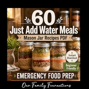 Può includere: Un documento digitale intitolato 60 Just Add Water Meals Mason Jar Recipes PDF con tre barattoli di vetro riempiti con ingredienti secchi a strati, etichettati come preparazione alimentare di emergenza, per principianti e download immediato.