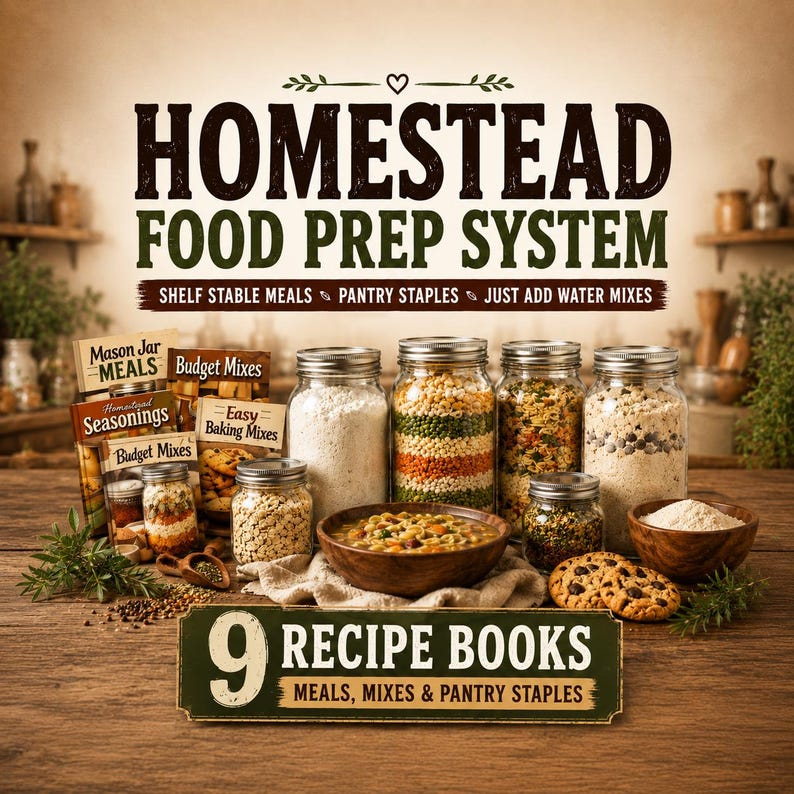 May include: A Homestead Food Prep System display featuring glass jars filled with dry ingredients, a wooden bowl of soup, and recipe books. Text reads: Homestead Food Prep System, Shelf Stable Meals, Pantry Staples, Just Add Water Mixes, 9 Recipe Books.