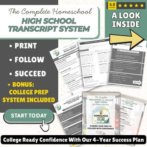 May include: An advertisement for a homeschool high school transcript system. The image shows various documents, such as checklists and transcript templates. Text includes "Print, Follow, Succeed" and "College Prep System Included."
