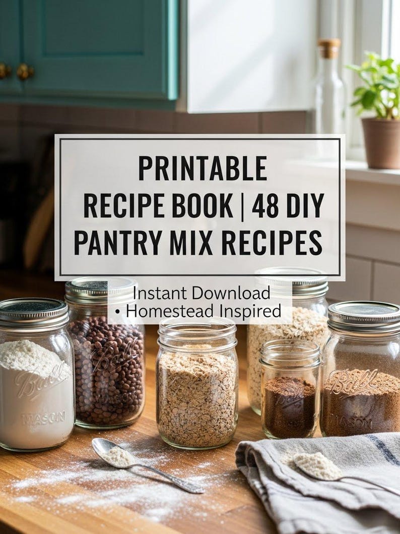 K&ouml;nnte beinhalten: Eine Anordnung von Gl&auml;sern mit trockenen Zutaten wie Mehl und Haferflocken auf einer Holzoberfl&auml;che. Ein Schild zeigt "PRINTABLE RECIPE BOOK | 48 DIY PANTRY MIX RECIPES". Ein L&ouml;ffel und ein Leinentuch sind ebenfalls zu sehen.