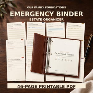May include: A brown leather three-ring binder containing an Estate Asset Planner with multiple printed pages spread out. The text reads Our Family Foundations Emergency Binder Estate Organizer and 46-Page Printable PDF with various form fields.