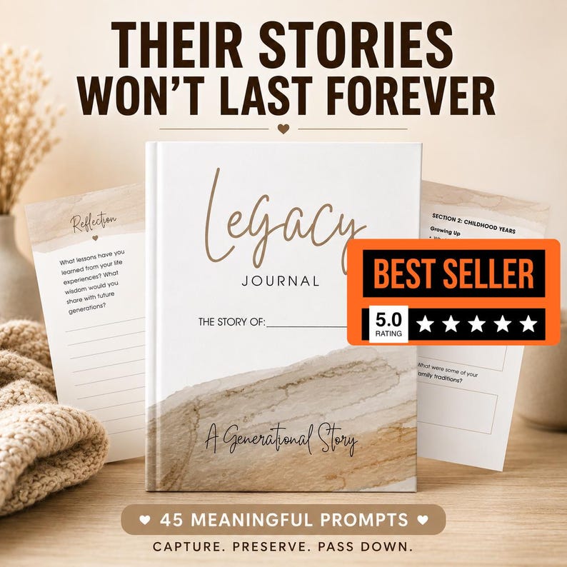 Legacy Journal Digital Download | Family Memory Book with 45 Prompts | Printable Keepsake for Generational Storytelling, Memory Heirloom image 1