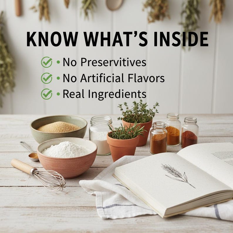 K&ouml;nnte beinhalten: Ein Stillleben mit Kochzutaten und -werkzeugen. Schalen mit Mehl und Zucker, kleine Kr&auml;utert&ouml;pfe und Gew&uuml;rzgl&auml;ser sind um ein offenes Kochbuch angeordnet. Der Text "KNOW WHAT'S INSIDE" wird dar&uuml;ber angezeigt.