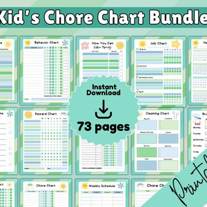 May include: A bundle of printable chore charts for kids, featuring a variety of designs. The charts include a consequence chart, behavior chart, job chart, and habit tracker. The bundle includes 73 pages with a teal and white color scheme.