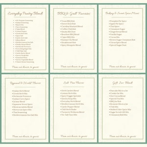 May include: A collection of spice blend labels with various flavors, including BBQ, baking, and international blends. The labels are arranged in a grid, with text descriptions of each blend. The overall design is a vintage style with a cream background.