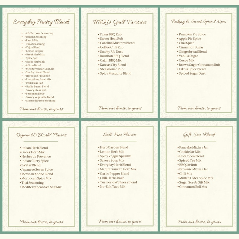 May include: A collection of spice blend labels with various flavors, including BBQ, baking, and international blends. The labels are arranged in a grid, with text descriptions of each blend. The overall design is a vintage style with a cream background.