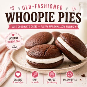 May include: Image of old-fashioned whoopie pies, soft chocolate cakes with fluffy marshmallow filling. The image includes the text "Instant Download" and icons for classic, easy to make, perfect for sharing, and bakery-style results.