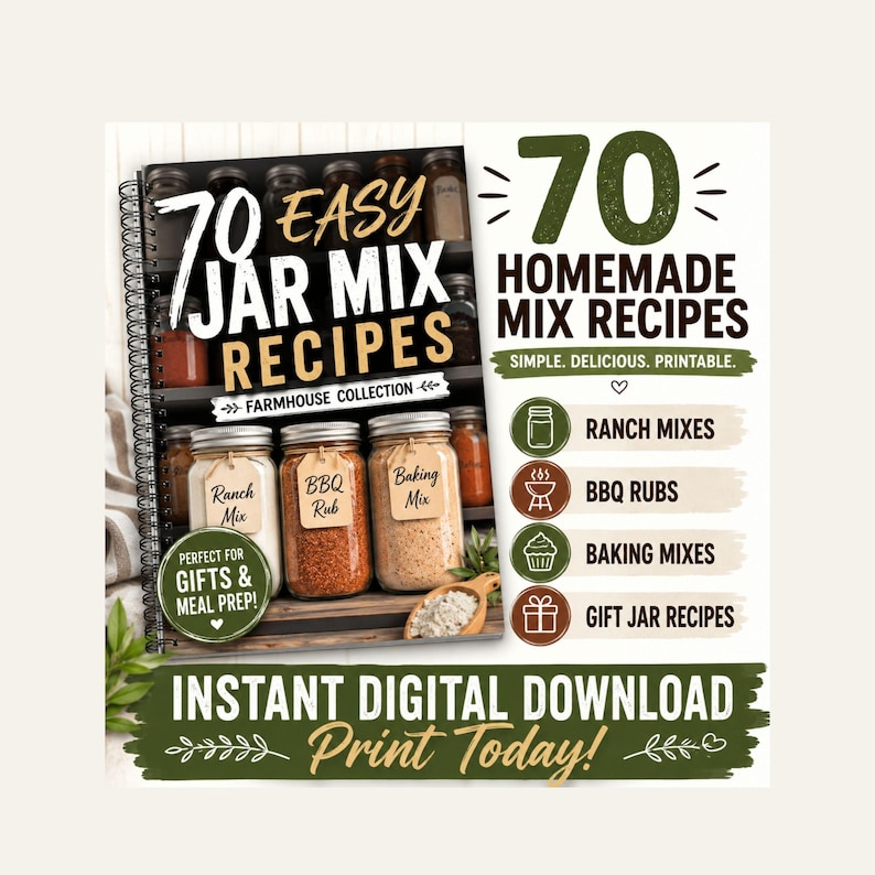 May include: A spiral-bound cookbook titled "70 Easy Jar Mix Recipes" with a rustic theme. The cover features jars of ranch mix, BBQ rub, and baking mix. The book is an instant digital download, perfect for gifts and meal prep.