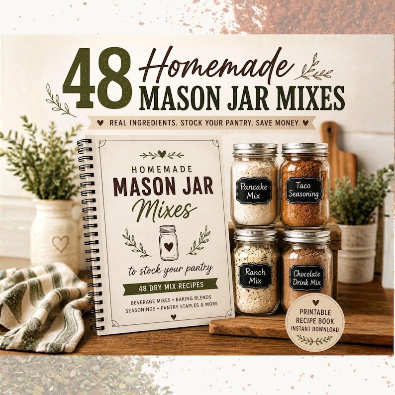 K&ouml;nnte beinhalten: Ein Kochbuch mit dem Titel "Homemade Mason Jar Mixes" mit 48 Trockenmischungsrezepten, darunter Pfannkuchenmischung, Taco-Gew&uuml;rz, Ranch-Mischung und Schokoladen-Drink-Mischung. Das Bild zeigt auch Einmachgl&auml;ser und ein druckbares Rezeptbuch.