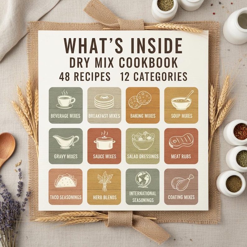 K&ouml;nnte beinhalten: Ein Kochbuch mit dem Titel "What's Inside Dry Mix Cookbook" mit 48 Rezepten und 12 Kategorien. Kategorien umfassen Getr&auml;nke, Fr&uuml;hst&uuml;ck, Backen, Suppe, So&szlig;e, Salat, Fleisch, Taco, Kr&auml;uter, internationale und Beschichtungsmischungen. Rustikale Bild&auml;sthetik.
