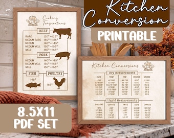 May include: Two framed kitchen conversion charts with brown text on a cream background. One chart displays cooking temperatures for beef, pork, fish, and poultry. The other chart lists dry and liquid measurement conversions in cups, tablespoons, teaspoons, ounces, grams, gallons, quarts, and pints.