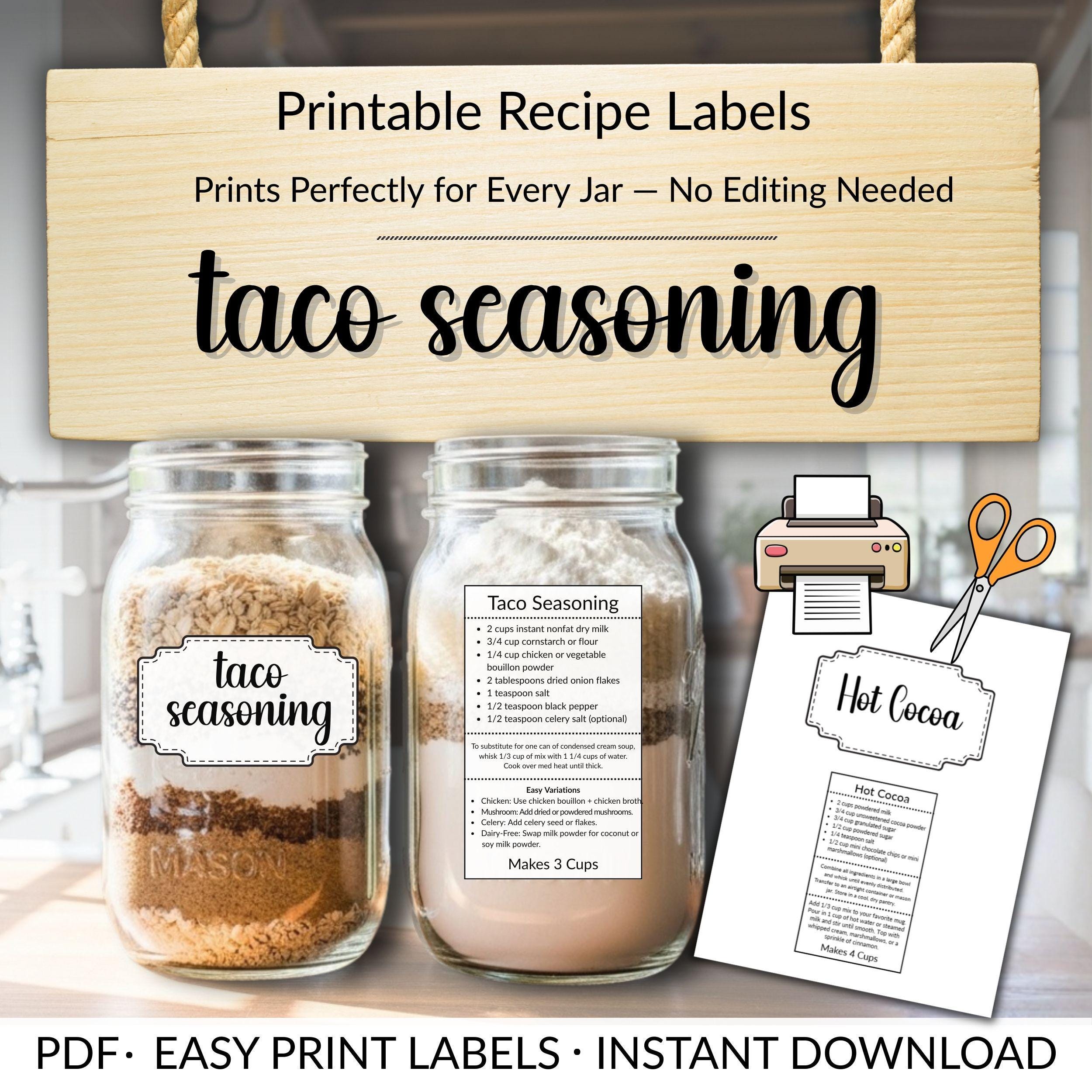 Taco Label Example Taco Seasoning Dry Mix Recipe Labels | Printable Pantry Staples for DIY ...