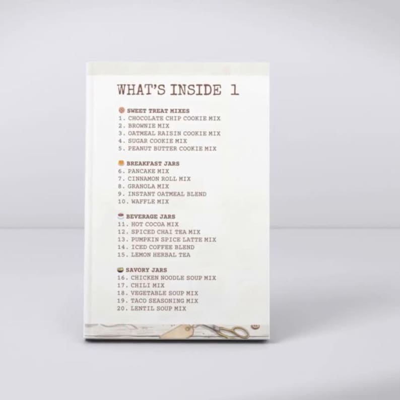 May include: A rectangular white card featuring the heading WHAT'S INSIDE 1 in brown text. The list includes Sweet Treat Mixes, Breakfast Jars, Beverage Jars, and Savory Jars, numbered 1 through 20 with various food mix names printed in brown.