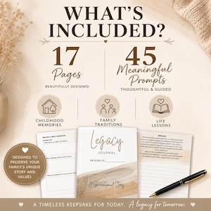 May include: A Legacy Journal with a beige and brown watercolour cover, featuring 17 pages and 45 prompts. The text includes WHAT'S INCLUDED, CHILDHOOD MEMORIES, FAMILY TRADITIONS, LIFE LESSONS, and A TIMELESS KEEPSAKE FOR TODAY. A black pen rests on the open pages.