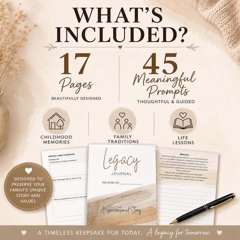May include: A Legacy Journal with a beige and brown watercolour cover, featuring 17 pages and 45 prompts. The text includes WHAT'S INCLUDED, CHILDHOOD MEMORIES, FAMILY TRADITIONS, LIFE LESSONS, and A TIMELESS KEEPSAKE FOR TODAY. A black pen rests on the open pages.