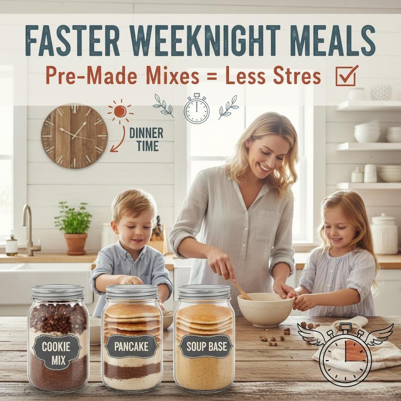 K&ouml;nnte beinhalten: Werbebild f&uuml;r schnellere Mahlzeiten unter der Woche mit Fertigmischungen. Drei Einmachgl&auml;ser mit der Aufschrift "Cookie Mix", "Pancake" und "Soup Base" werden gezeigt. Eine Frau und zwei Kinder sind in einer K&uuml;che.