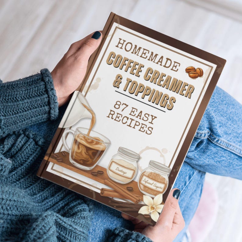 May include: A cookbook titled "Homemade Coffee Creamer & Toppings" with 87 easy recipes. The cover features a coffee cup being filled, jars of toppings, and cinnamon sticks. The book is held in a person's lap.