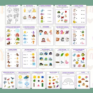 May include: A set of educational activity sheets for children, featuring topics like animal sounds, shapes, weather, and healthy foods. Each sheet includes colourful illustrations and interactive elements designed for learning and engagement.
