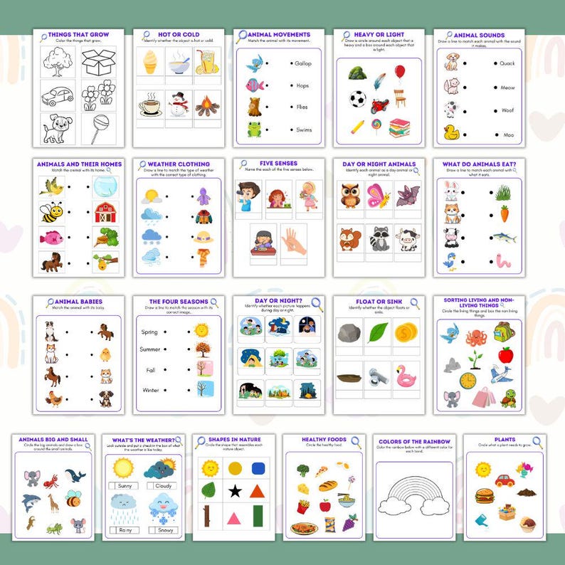 May include: A set of educational activity sheets for children, featuring topics like animal sounds, shapes, weather, and healthy foods. Each sheet includes colourful illustrations and interactive elements designed for learning and engagement.