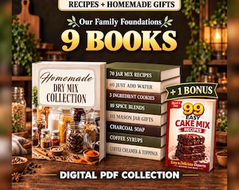 May include: A digital PDF collection of 9 books titled Our Family Foundations, featuring a Homemade Dry Mix Collection book and a bonus 99 Easy Cake Mix Recipes book. The spines list various recipes including jar mixes, cookies, and spice blends.