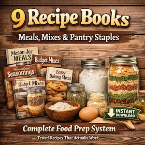 May include: An image showcasing recipe books and food preparation ingredients. Jars filled with flour, grains, and spices are displayed alongside recipe books labelled "Mason Jar Meals" and "Budget Mixes". The text reads "9 Recipe Books". The image promotes a "Complete Food Prep System".