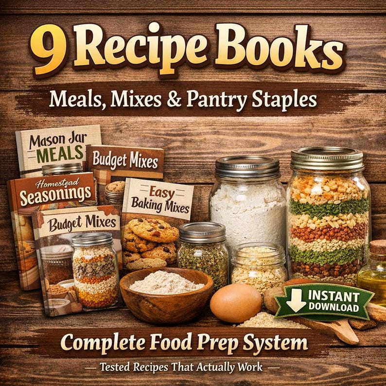 May include: A collection of 9 recipe books titled Meals, Mixes & Pantry Staples, featuring guides for Mason Jar Meals, Budget Mixes, Homestead Seasonings, and Easy Baking Mixes. Includes glass jars filled with dry ingredients, a wooden bowl, and an egg.