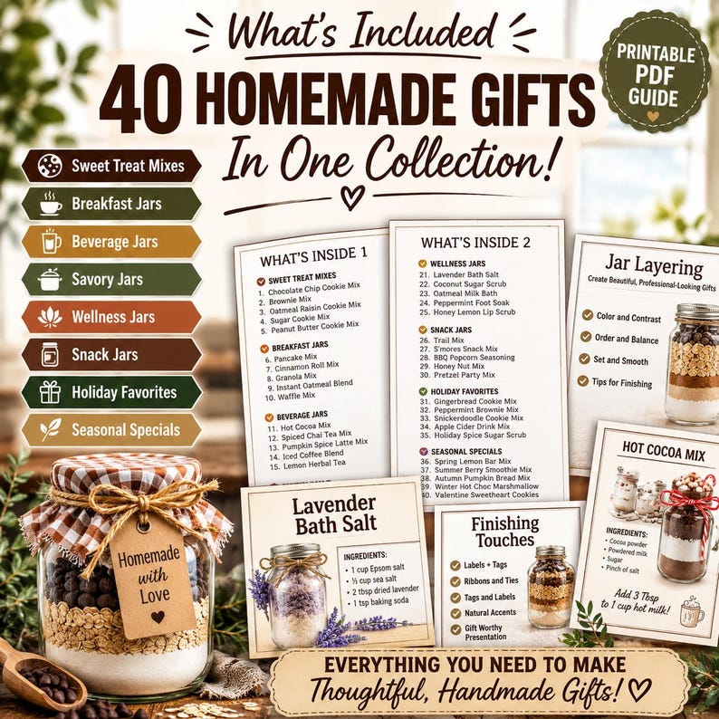 May include: A printable PDF guide titled 40 Homemade Gifts In One Collection featuring lists of jar recipes, layering instructions, and finishing touches. The guide includes categories like sweet treat mixes, breakfast, beverage, savory, and wellness jars.