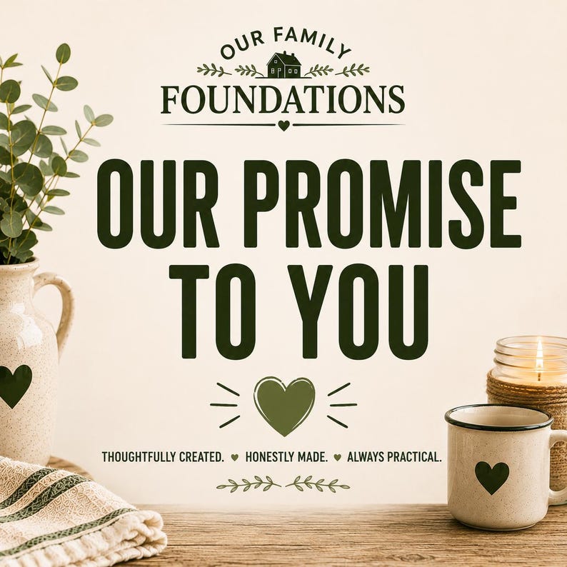 May include: A graphic featuring the text OUR FAMILY FOUNDATIONS, OUR PROMISE TO YOU, and THOUGHTFULLY CREATED. HONESTLY MADE. ALWAYS PRACTICAL. The design includes dark green heart icons, a house illustration, and leafy branch accents.