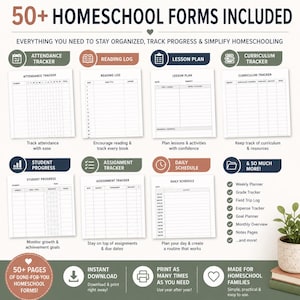 May include: A collection of printable homeschool forms, including attendance trackers, reading logs, lesson plans, and curriculum trackers. The image features various forms for student progress, assignments, and daily schedules. The forms are designed to help families stay organized.