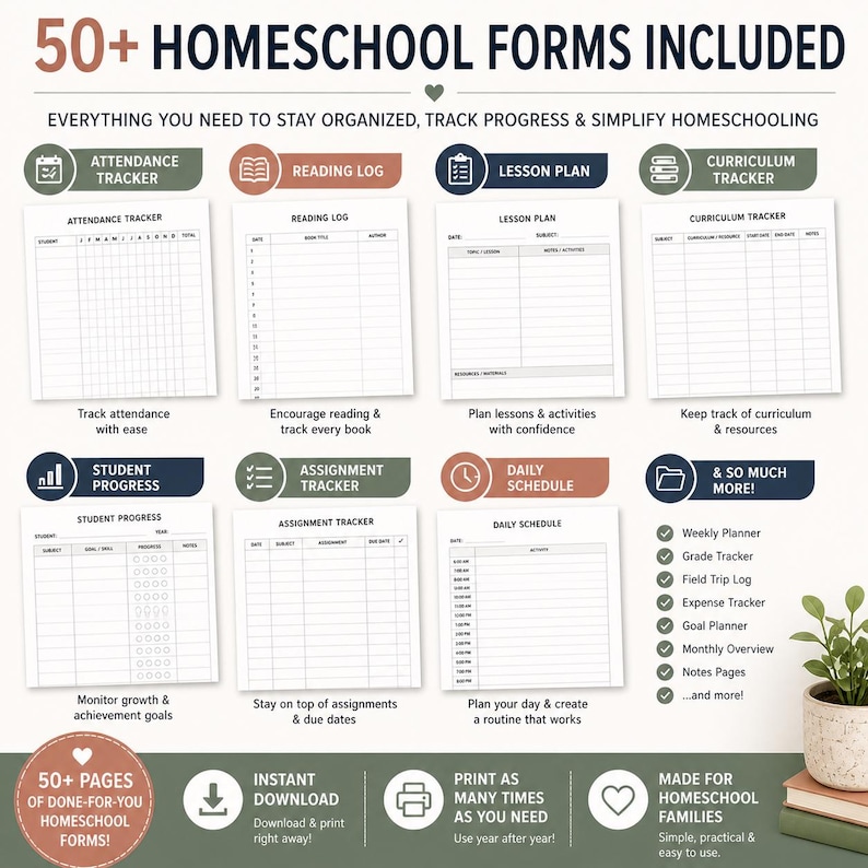 May include: A collection of printable homeschool forms, including attendance trackers, reading logs, lesson plans, and curriculum trackers. The image features various forms for student progress, assignments, and daily schedules. The forms are designed to help families stay organized.