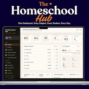 May include: A laptop screen displaying The Homeschool Hub dashboard with the text One Dashboard. Every Subject. Every Student. Every Day. The interface shows student attendance, total hours, reading logs, average grades, and subject progress trackers.