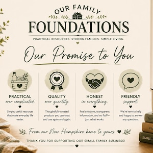 May include: A graphic sign titled Our Family Foundations with the subtitle Practical Resources. Strong Families. Simple Living. It lists four values: Practical over complicated, Quality over quantity, Honest in everything, and Friendly support.