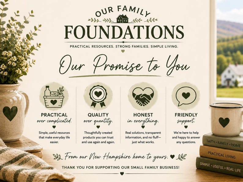 May include: A graphic sign titled Our Family Foundations with the subtitle Practical Resources. Strong Families. Simple Living. It lists four values: Practical over complicated, Quality over quantity, Honest in everything, and Friendly support.