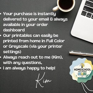 May include: Overhead shot of a workspace with a laptop, coffee cup, and pen. Text on the dark surface reads: "Your purchase is instantly delivered to your email..." and "Homeschool Helpers" logo.